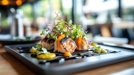 Elegant Pork Dumplings with Microgreens and Sauces