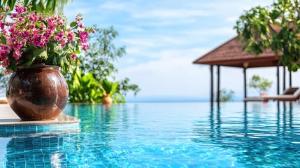Tranquil Poolside Escape Pink Flowers Ceramic Pot Summer Vacation Resort Relaxation