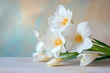 Elegant white flowers arranged beautifully against a soft pastel background, exuding freshness and tranquility.