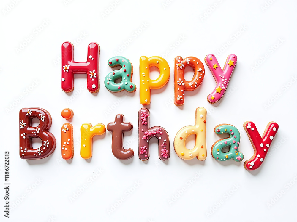Poster colorful birthday text made of sweets isolated on a clean white background perfect for digital use. 