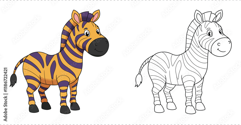 Poster coloring pages of a zebra and a zebra outline standing next to each other for color filling.