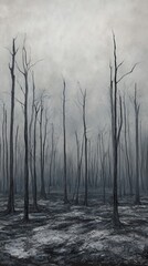 Obraz premium Desolate forest landscape after wildfire depicting environmental impact and renewal.