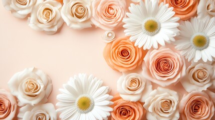A beautiful arrangement of delicate roses and daisies on a soft pastel background, perfect for floral designs.