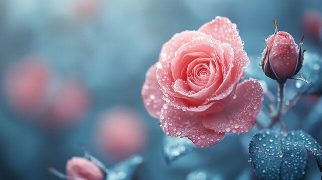Close-up of delicate pink roses with dew drops glistening on their petals, capturing the freshness of the morning