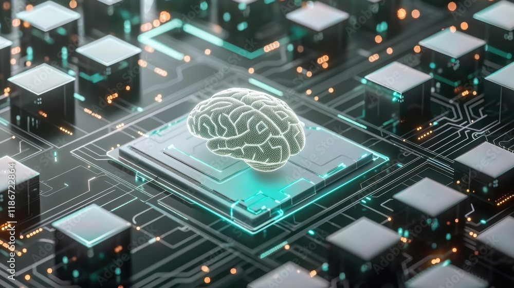 Poster image depicts digital brain on circuit board, symbolizing artificial intelligence and technology. in