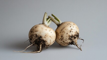 A pair of turnips with earthy roots intact, isolated on a soft gray backdrop