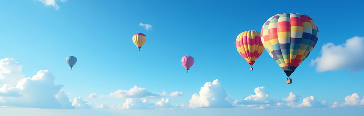 Fototapeta premium Colorful Air Balloons Soar Above A Brilliant Blue Sky With Puffy White Clouds Drifting Lazily By In The Distance. 00003