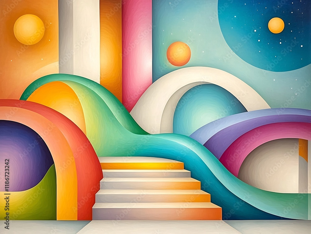 Poster captivating kaleidoscopic cubist abstraction featuring swirling iridescent lines and forms in a dyna