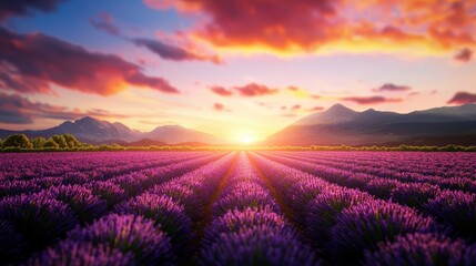 Fototapeta premium Lavender Field Sunset Majestic Mountains Scenic View Peaceful Nature