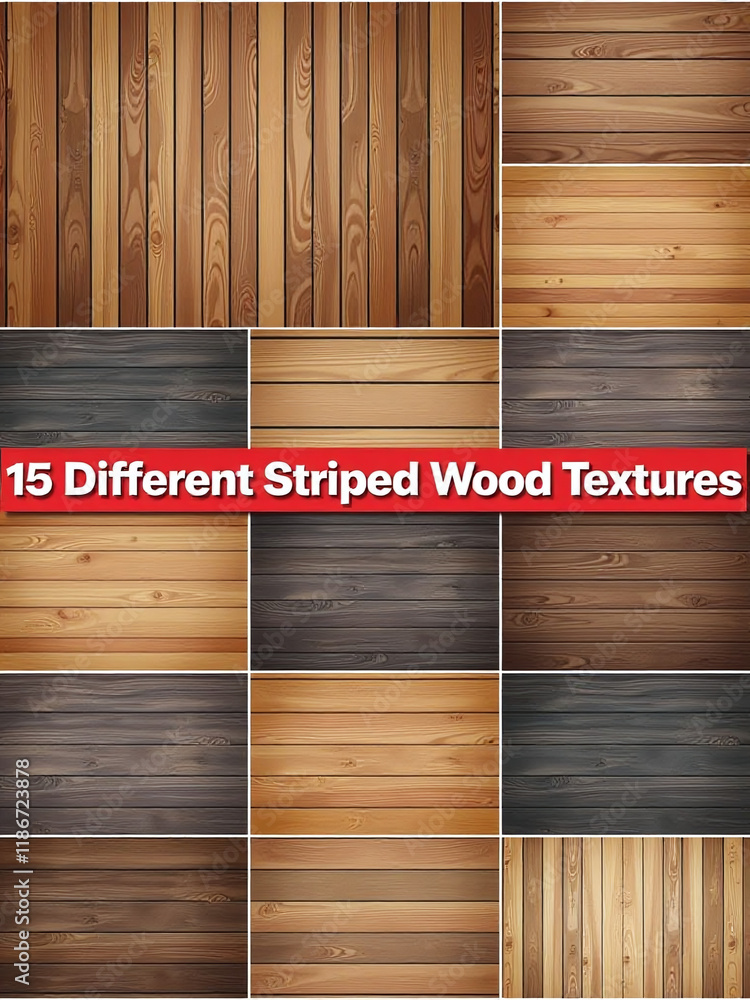 Poster collection of 15 different striped wood textures in various colors used as backgrounds for creative 