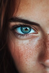 Close-up of a woman's eye with freckles, great for beauty and personal care images