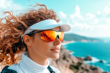 A jogger wearing UV-blocking sunglasses and a reflective visor, running along a coastal path