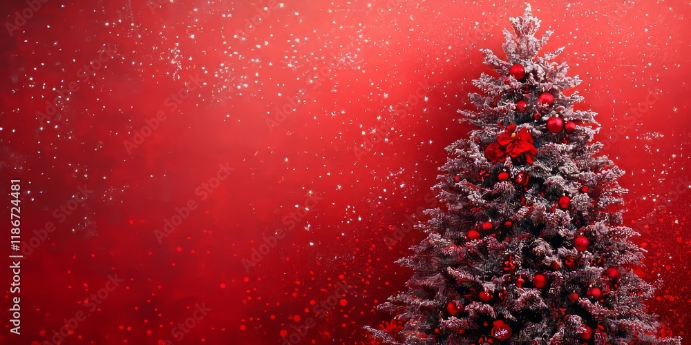 Poster bright red christmas tree featuring an empty area designated for adding text or messages. this festi