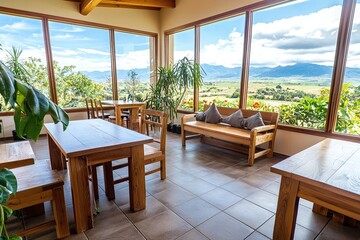 Obraz premium Mountain View Restaurant Cozy Wooden Interior Design