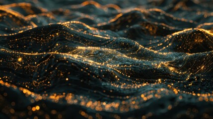 mesmerizing abstract landscape of glowing waves, featuring intricate patterns of light and texture. scene evokes sense of depth and movement, creating captivating visual experience