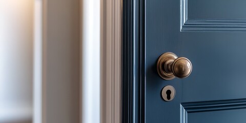 Fototapeta premium Door featuring a secure lock and keyhole, emphasizing the importance of privacy. A view of an open toilet door captured with a shallow depth of field for added focus on the door s details.