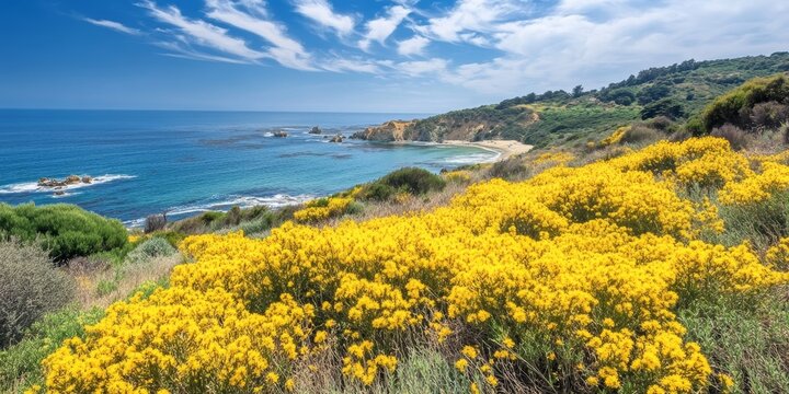 Vibrant Spanish Broom Spartium junceum showcases its beauty along a coastal landscape, highlighting the striking features of Spanish Broom in a serene natural setting.