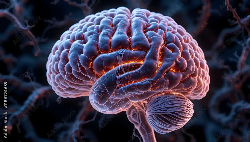 Aufkleber intricate 3d rendering of human brain with glowing neural pathways against dark background illustrat