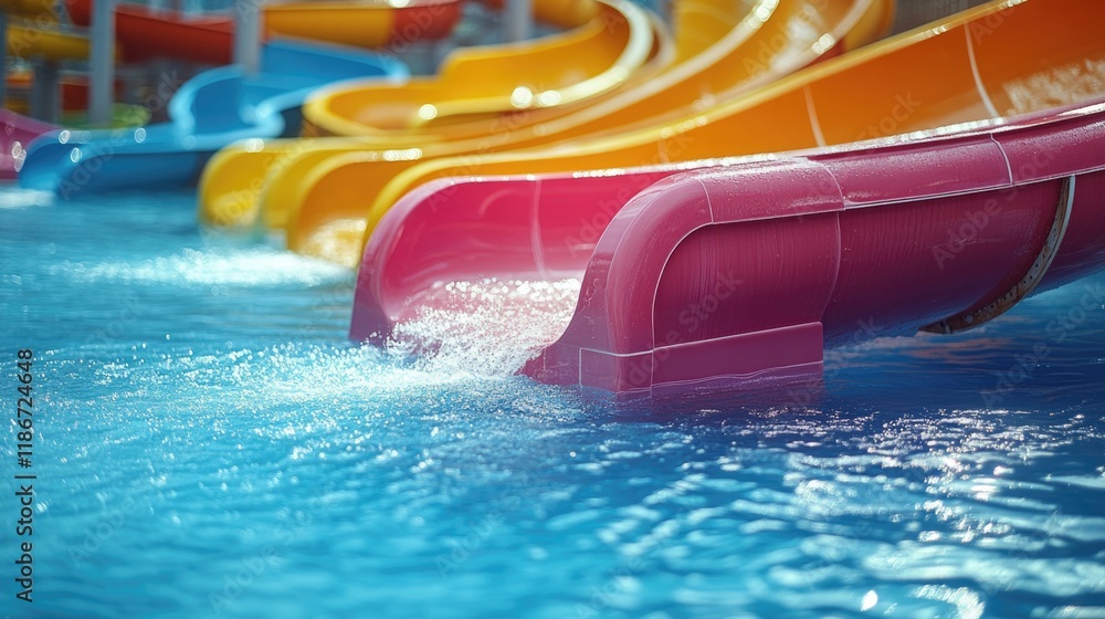 Poster a group of colorful water slides surrounded by a pool for fun and recreation