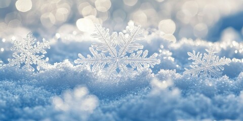 Closeup of natural frosty snowflakes showcasing a multitude of snowflakes resting on a snowdrift during a winter snowfall. The beauty of snowflakes highlights the essence of winter.