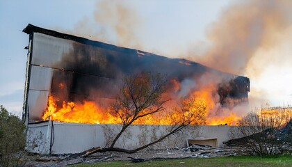A building on the verge of collapse after a fire breaks out, with flames rising from gaps in the walls and debris falling.