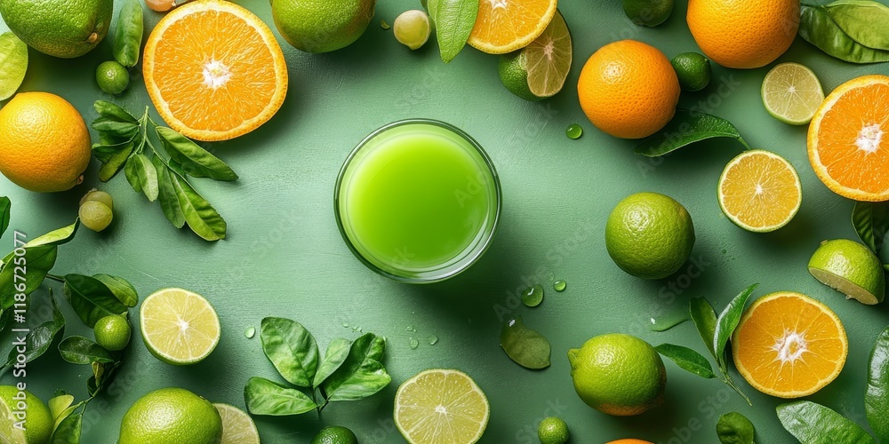 Poster fresh lime juice alongside vibrant limes, oranges, and an array of citrus fruits beautifully display