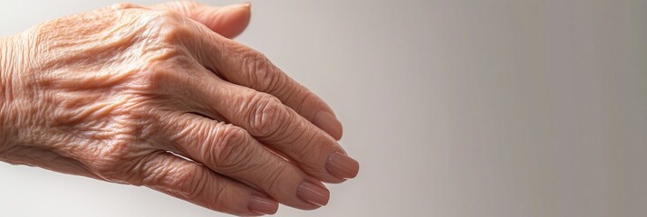 A close up of an elderly hand slightly trembling, depicting the effects of Parkinson disease, on a neutral background