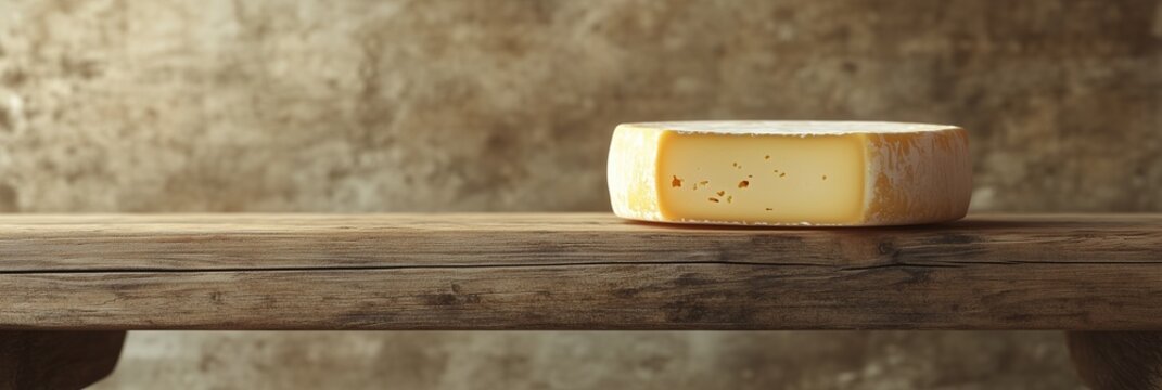 A close up of a single cheese wheel on a rustic wooden shelf with soft natural lighting, highlighting texture and artisanal quality