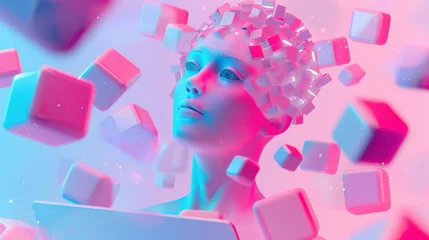 Fotobehang Abstracte kunst futuristic digital art piece featuring humanoid figure with cube like head, surrounded by floating geometric shapes in vibrant pink and blue hues, evoking sense of creativity and innovation  © buraratn