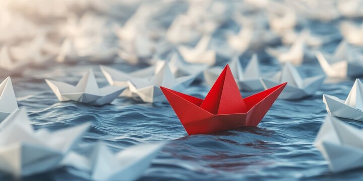 Leadership concept illustrated by a red paper ship navigating through a sea of white ships, symbolizing the essence of leadership in guiding and inspiring others.