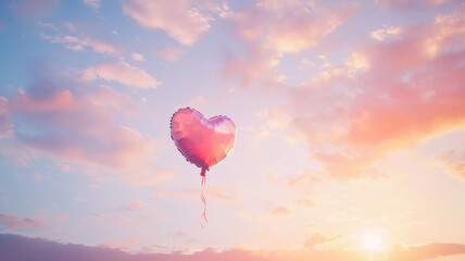 Fototapeta premium A heart-shaped balloon floating in the sky, with soft pastel clouds and the warm glow of the sun in the background, creating a whimsical Valentine’s Day vibe. 