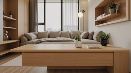 A top-down view of a nightstand in a hotel room with a cozy, blurred background, providing an empty wooden surface for product display and customization in a flawless, generative setting