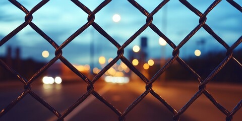 Naklejka premium A bridge wire fence enhances safety for road users, preventing falls while crossing. This bridge wire fence stands out with a blurred background over the toll road, ensuring protection day and night.