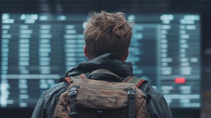 Man with backpack checking schedule on digital board.
