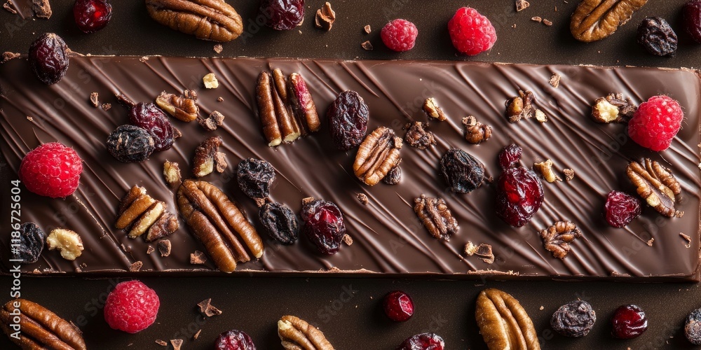 Poster closeup of a handmade chocolate bar featuring pecan nuts and dried berries, showcasing the delightfu