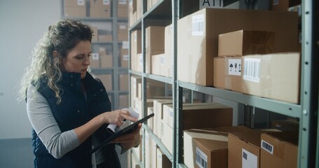 Female Warehouse Associate Scans Cardboard Box with E-Commerce Online Goods on Shelves with...