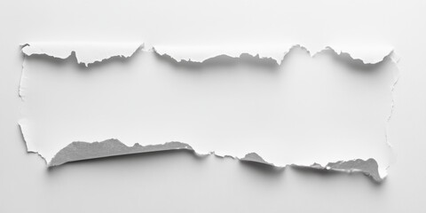 Fototapeta premium Close up of a white ripped piece of paper featuring empty space for text. The torn paper stands out against a white background, emphasizing the dynamic texture of the ripped paper.