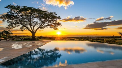 Fototapeta premium Sunset Serenity Poolside Tropical Paradise Relaxation View