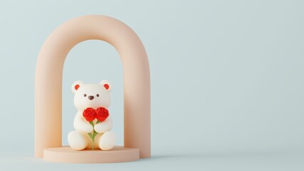 Valentine bear with romance and joy idea. Soft teddy bear holding a heart in a minimalist arch setting.