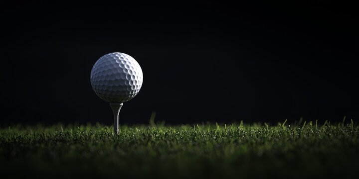 A golf ball positioned on a tee stands out against a dark background, highlighting its presence. The contrast between the golf ball on the tee and the background is striking.