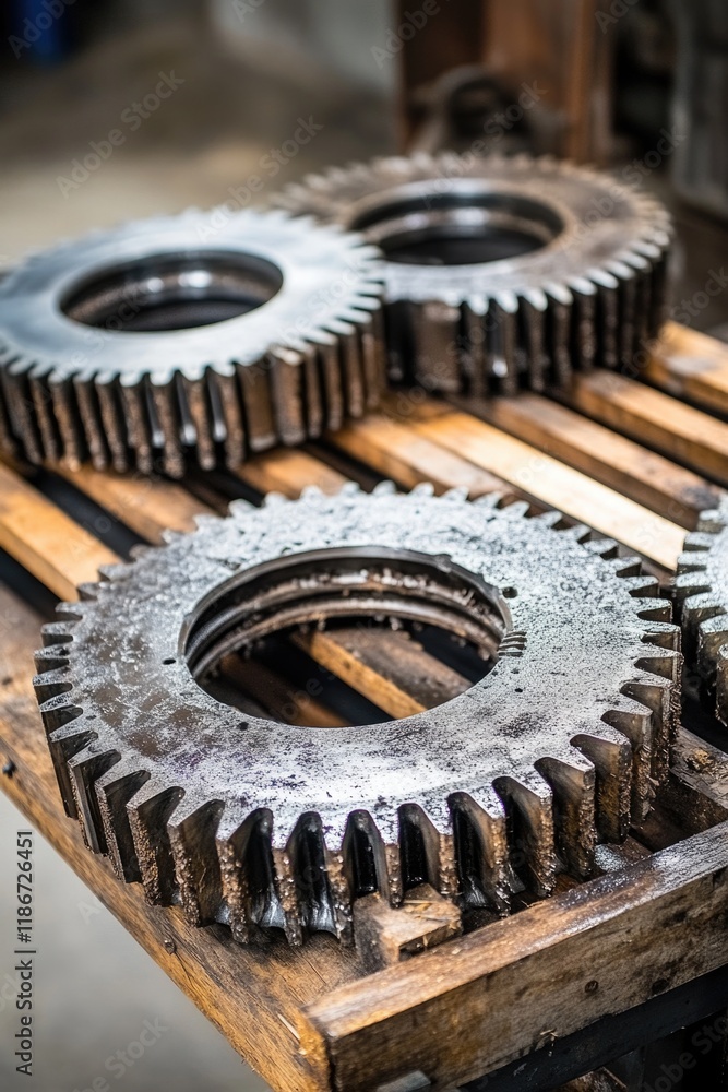 Poster mechanical components on a wooden surface, ready for use or display
