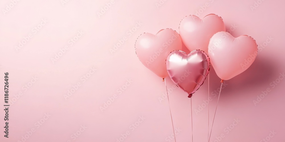 Poster heart shaped balloons are set against a pink backdrop, leaving ample empty space around them for a s