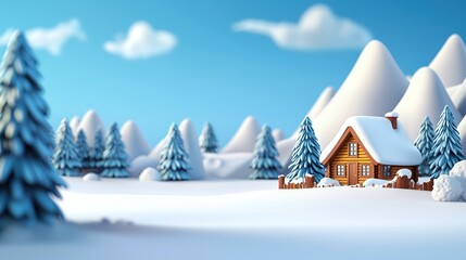 Naklejka premium Charming Winter Cabin Scene Snowy Mountains Blue Sky Holiday