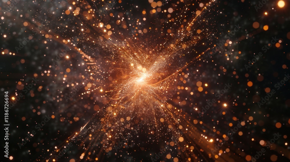 Poster abstract cosmic explosion with glowing particles and light trails, creating mesmerizing visual effec