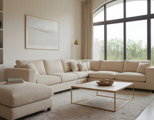 Obraz premium Modern clean contemporary living room interior design with a daylight background, white sofa couch and table in the living room with adorable daylight from the window