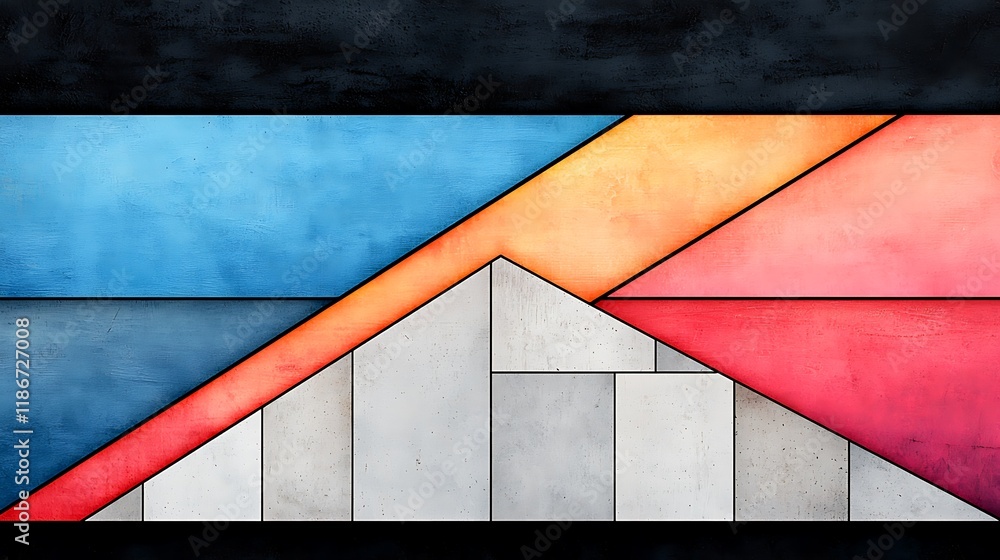 Poster abstract blend of organic and geometric shapes in a vibrant colorful pattern with contrasting textur