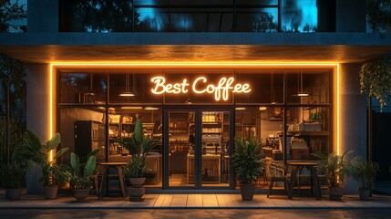 Illuminated coffee shop storefront at night. (1)