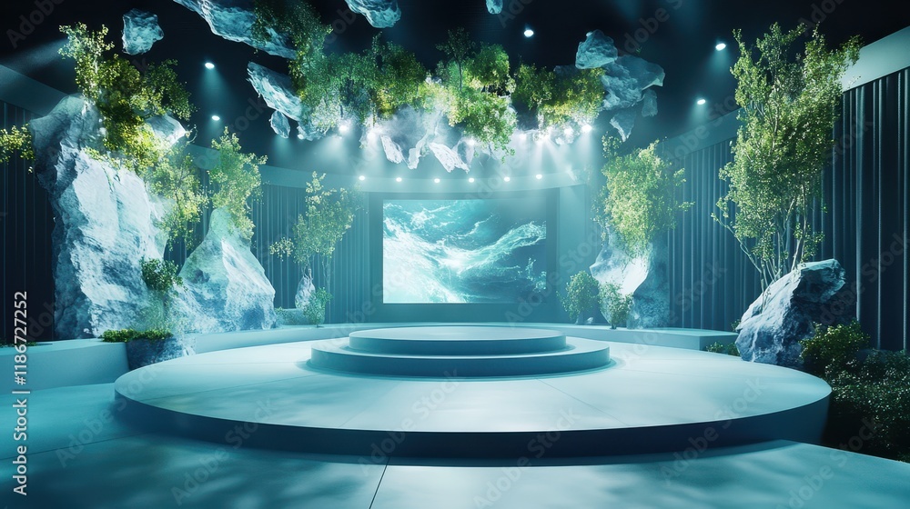 Aufkleber a wide-angle view of a modern product launch stage featuring an eco-friendly innovation, dynamic abs