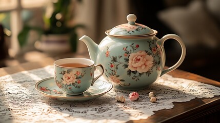 Fototapeta premium Floral Teapot and Teacup Set on Lace Doily