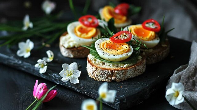 Colorful spring brunch platter featuring deviled eggs garnished with herbs and flowers on a rustic black slate board